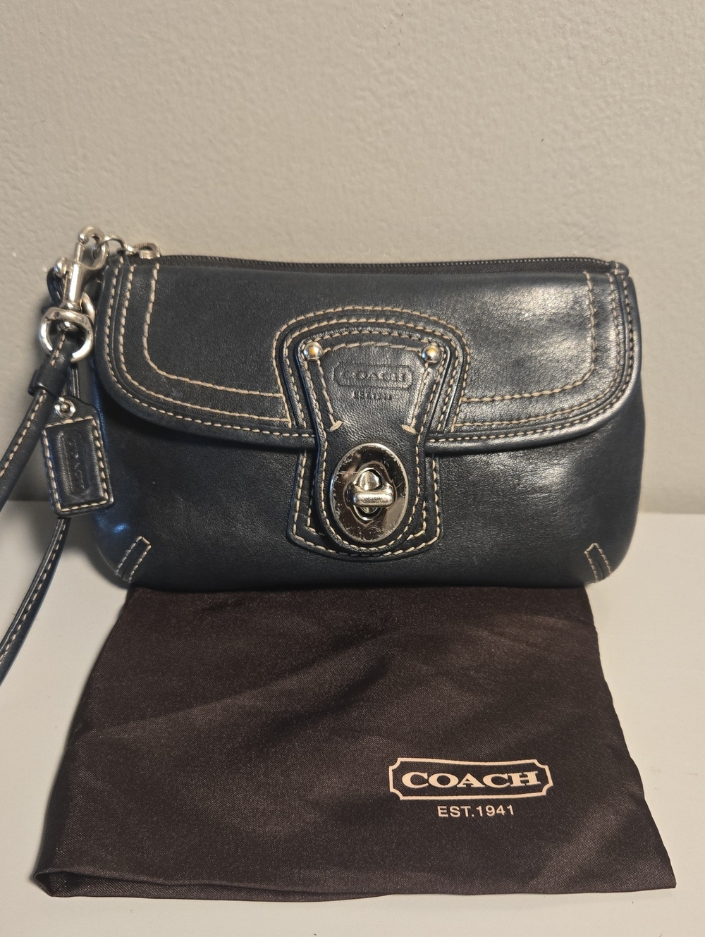 Coach Midnight Blue Leather Wristlet Clutch with Turnlock Detail